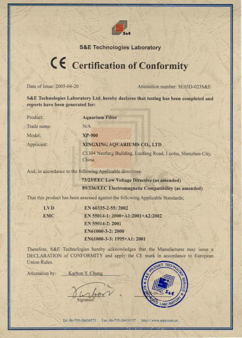 CE certification for external canister filter